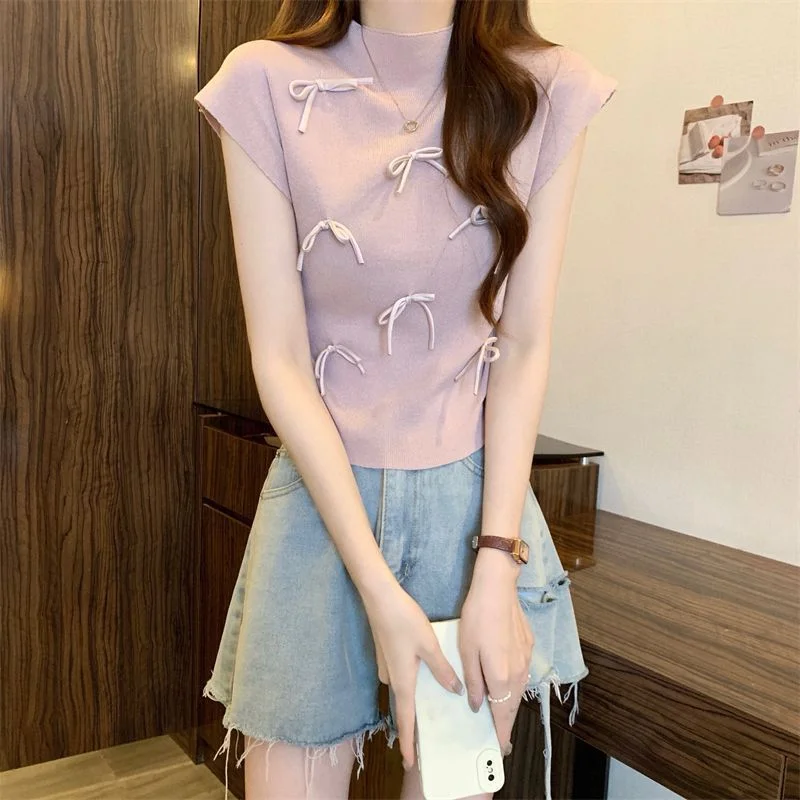 Uveng Uveng Wind Gentle Niche Bow High-Neck Short Sleeve New T-Shirt Summer Slimming Short Blouses Ins
