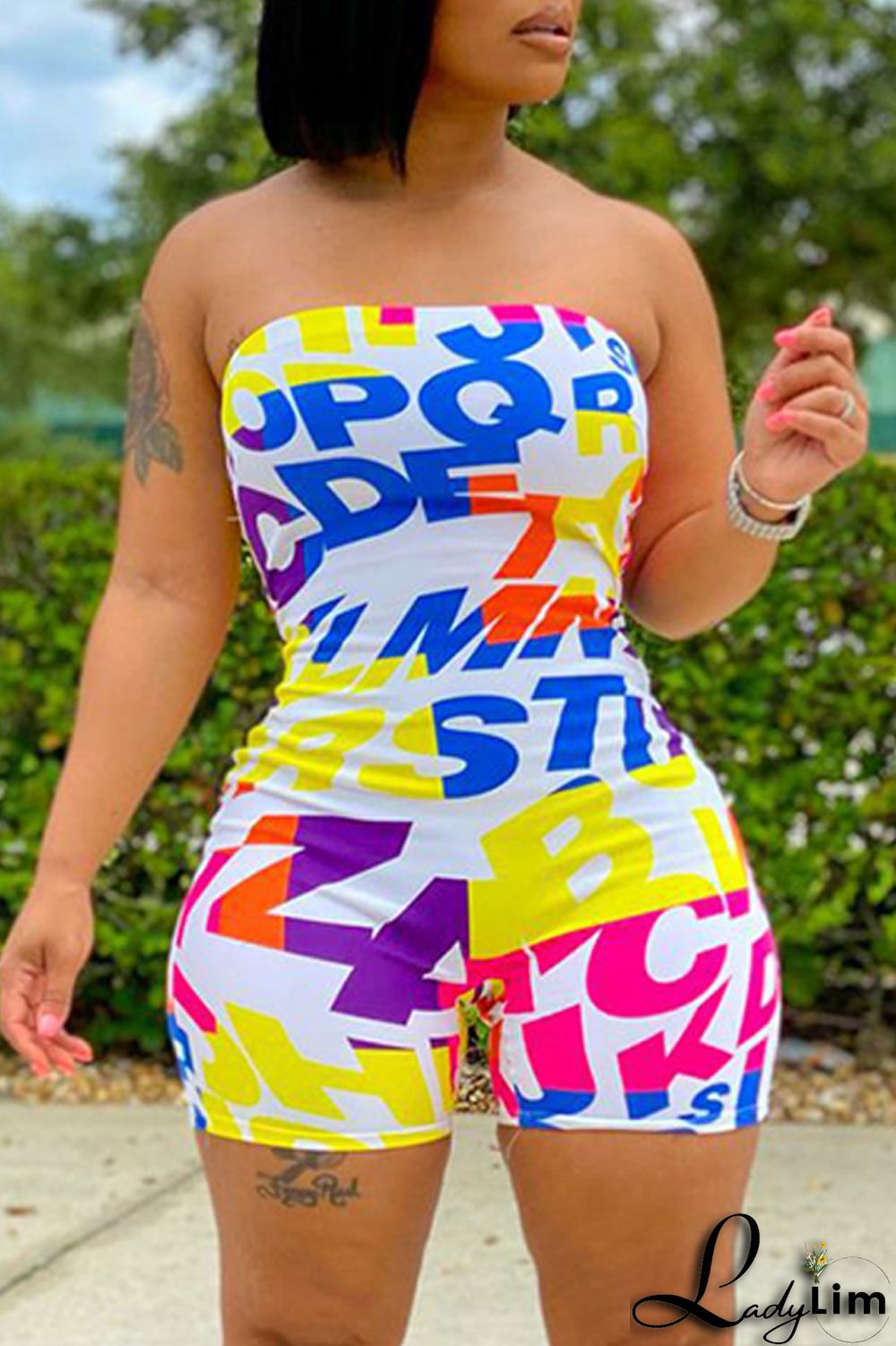 White Fashion Sexy Letter Print Backless Strapless Skinny Romper