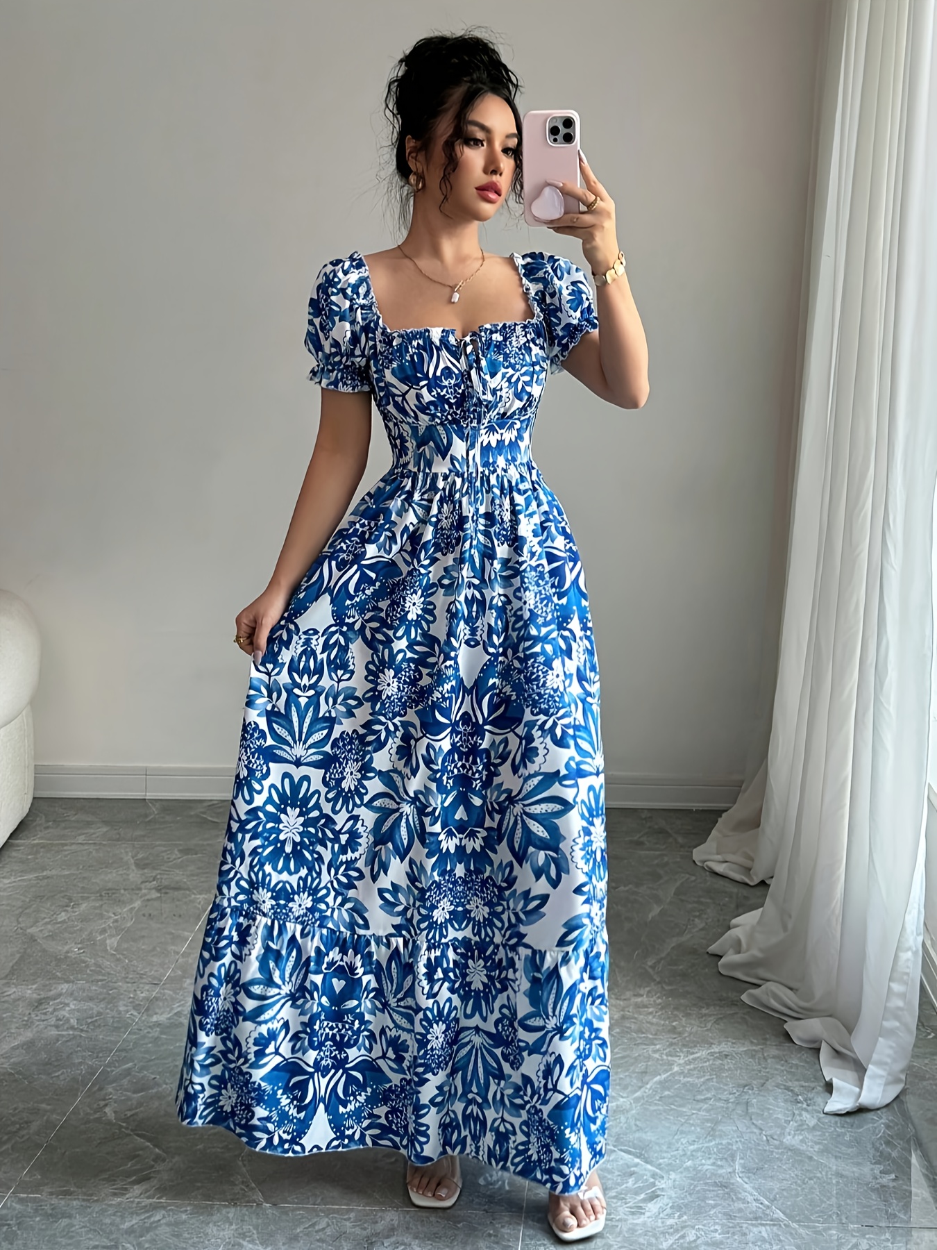 Elegant Floral Print Maxi Dress With Puff Sleeves, Square Neckline, And Backless Design - Perfect For Vacation Or Date Night, Spring/Summer Collection, Cute Dress | IFYHOME