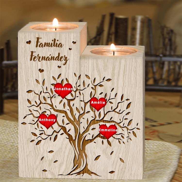 A Familia - candelero de madera sin vela Árbol de la vida Árbol genealógico 4 nombres personalizados con 1 texto
