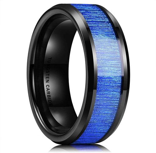 Women Men Tungsten Matching Black Rings With Blue Gold Wood Inlay,High Polish Domed Top Carbide Wedding Bands Ring