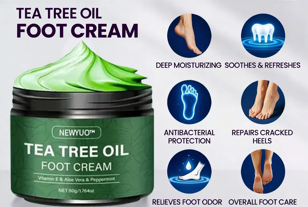 🎁 NEWYUO™ Limited-Time Offer 🎁 - Don't miss out!Tea Tree Oil Foot Cream (Repairs Dry Cracked Heels, Soothes Tired Feet, Eliminates Odor & Restores Soft Skin)