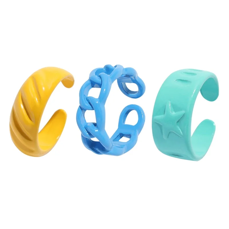 Dvacaman 2021 New Trendy Hand-Painted Candy Color Dripping Oil Geometric Chain Rings Set for Women Colorful Irregular Open Rings