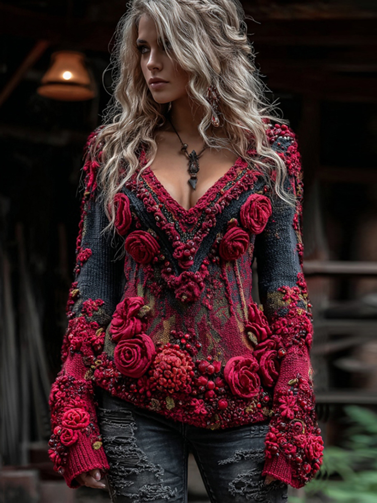 Women's Vintage Viking Tribal Rose Gradient Art Cozy Sweater
