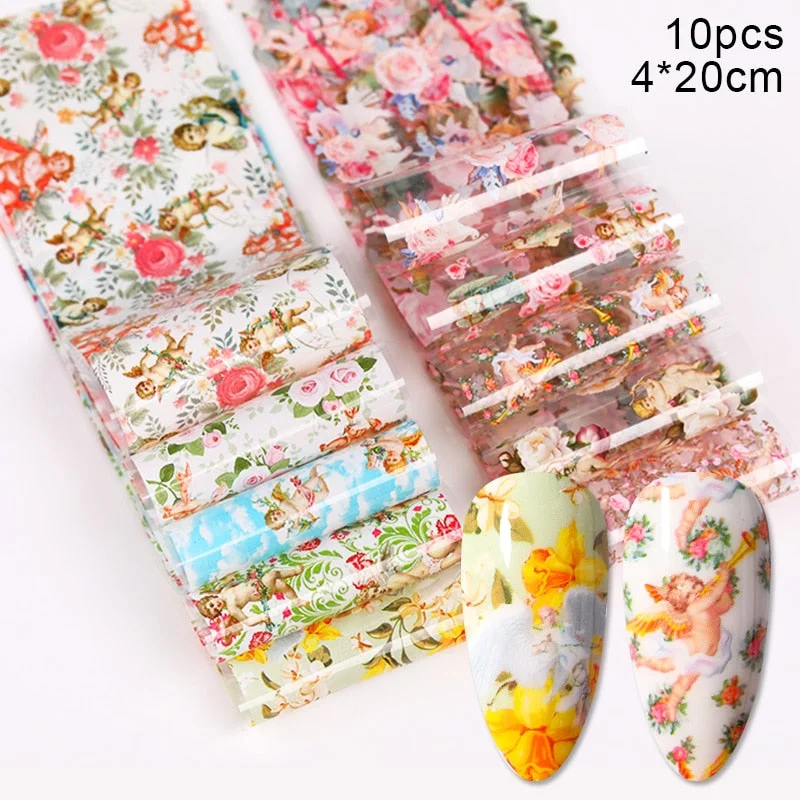 10pcs Magic Effect Angel Leopard Nail Foils Marble Autumn Slider Flowers Stickers For Acrylic Designs Nail Art Decoration-Nail Inspo