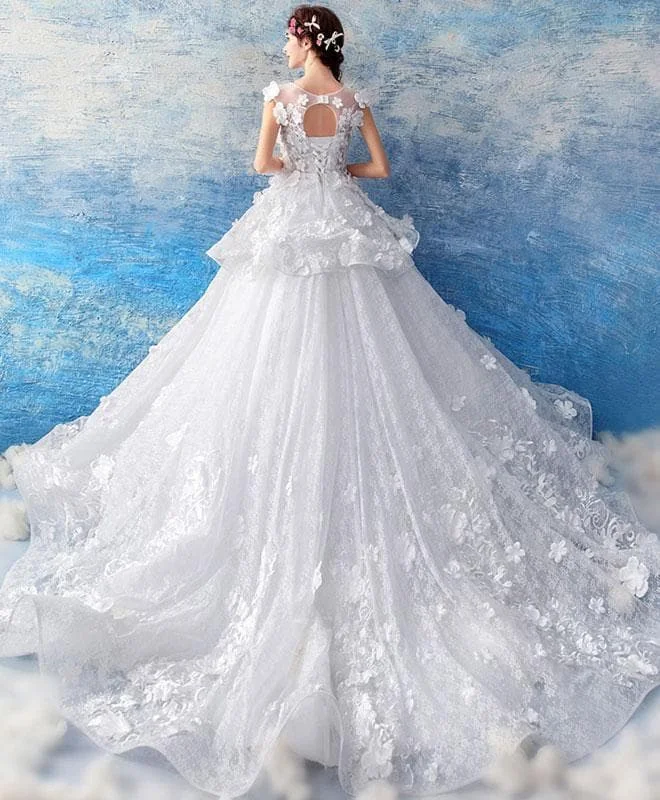 White Round Neck Lace Long Wedding Gown, Lace Wedding Dress