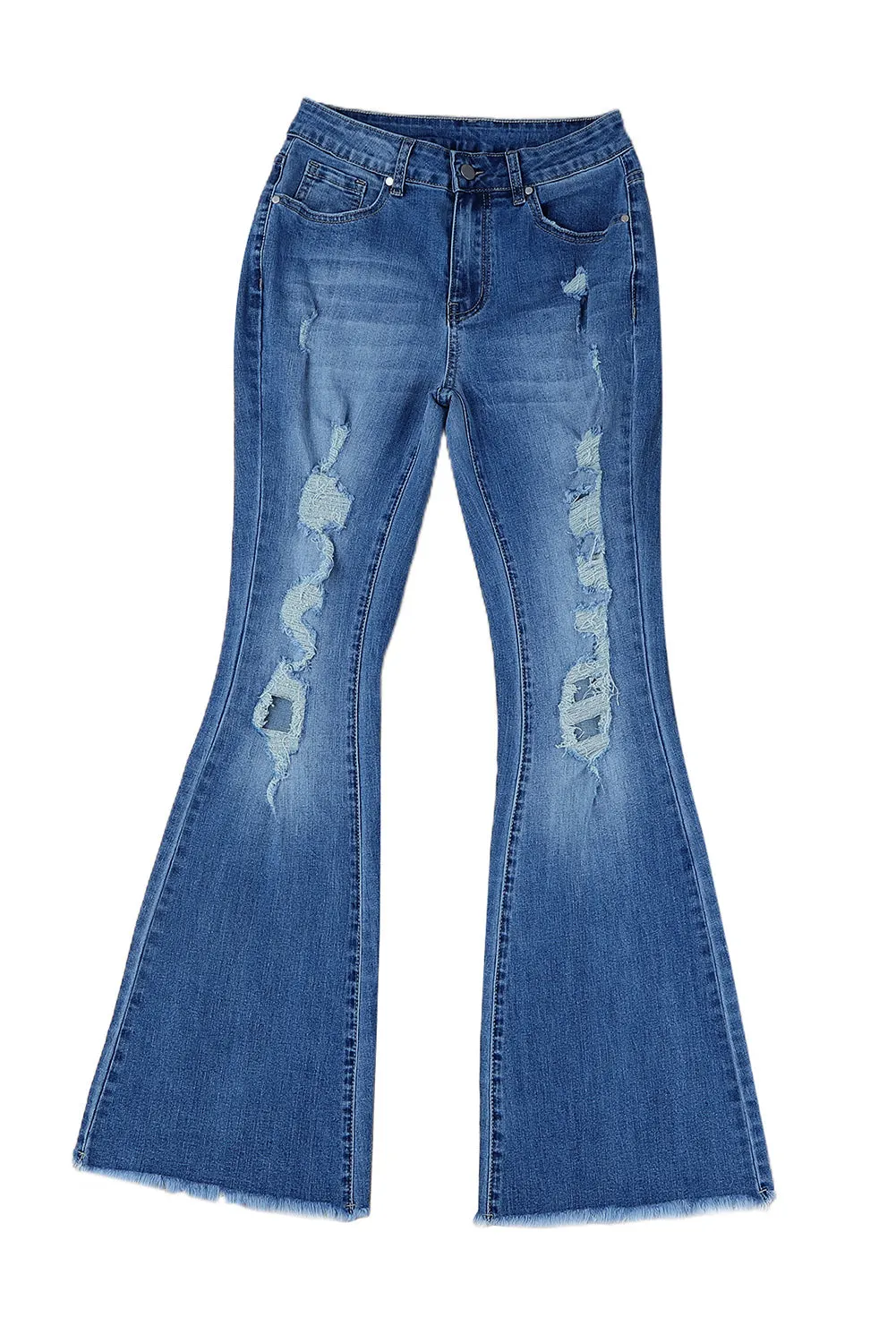 Sky Blue Distressed Raw Hem High Waist Flare Jeans