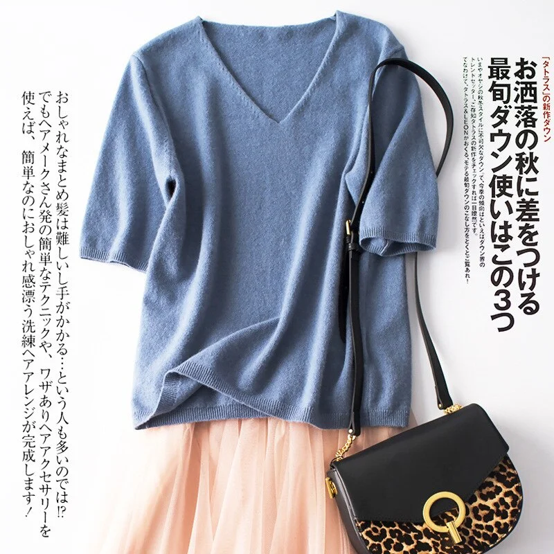 Women Sweater 2020 New Female V-neck Short-sleeved Knitted Pullover Jumper Pull Femme Clothes Loose Designer Fashion