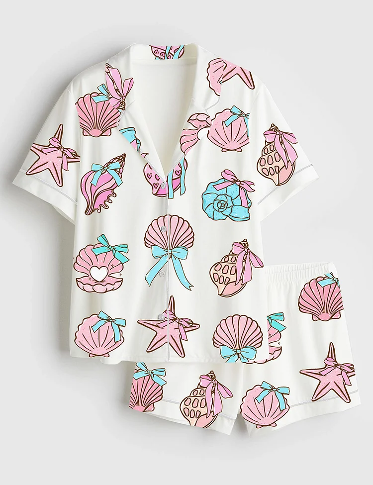 Women&rsquo;s Retro Coquette Seashell Coastal Summer Sea Shell With Bow Preppy Fisherman Aesthetic Print Short Sleeve Satin Pajama Set