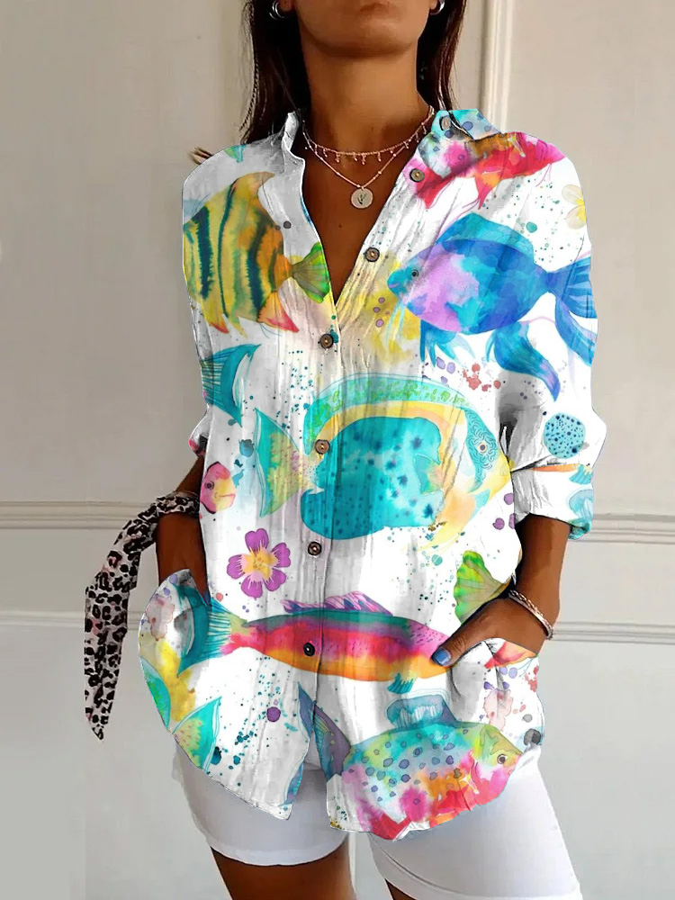 Vintage Ocean Fish Watercolor Art Print Long Sleeve Shirt