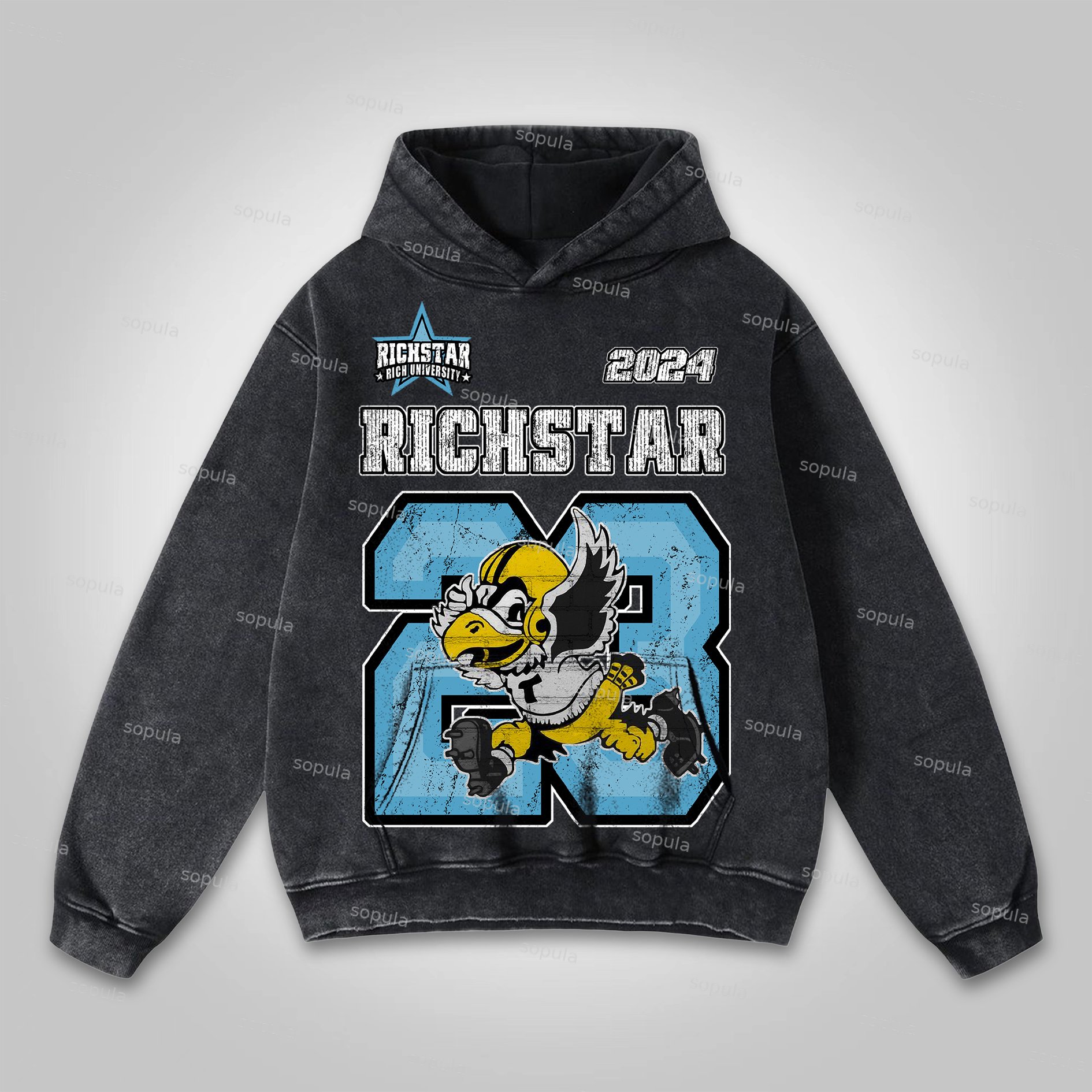 Sopula Rich Star No.23 Graphic Print Vintage Washed Hoodie - SOPULA