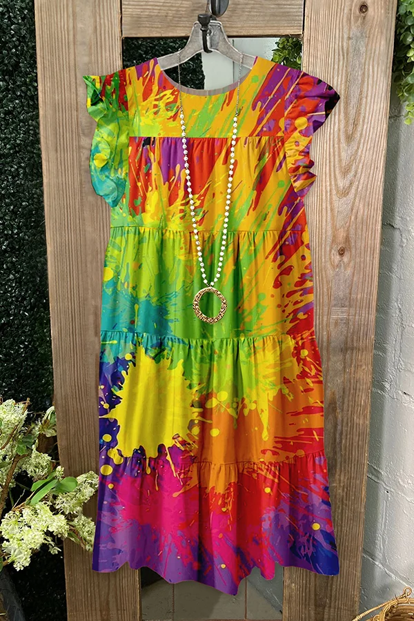Pretty   Rainbow Stripe Print Ruffle Dress