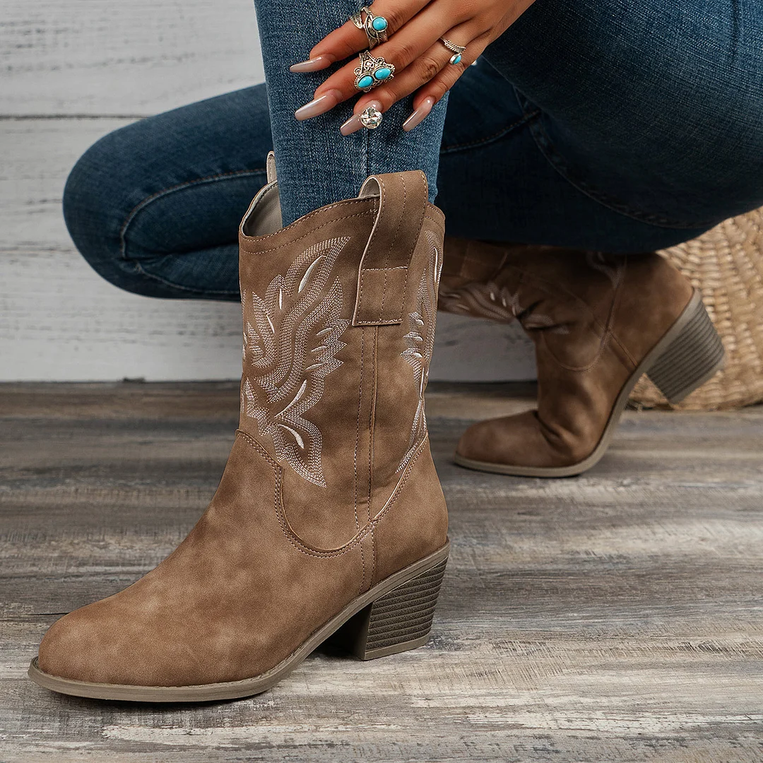 Breakj Breakj Women's Embroidery Sleeves Vintage Boots Vintage Mid-Cute Head Western Cowboy Boots For Fall/Winter 2025