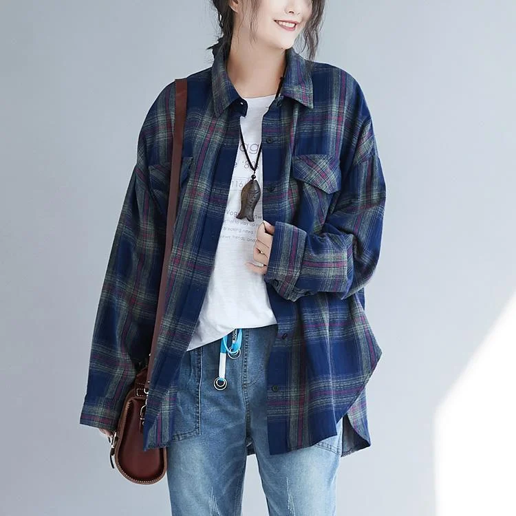 Classy blue plaid cotton linen tops women Fashion design side open daily spring top