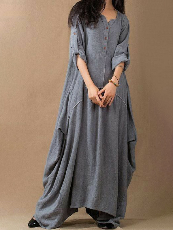 Loose Long Sleeve Button V Neck Maxi Dress