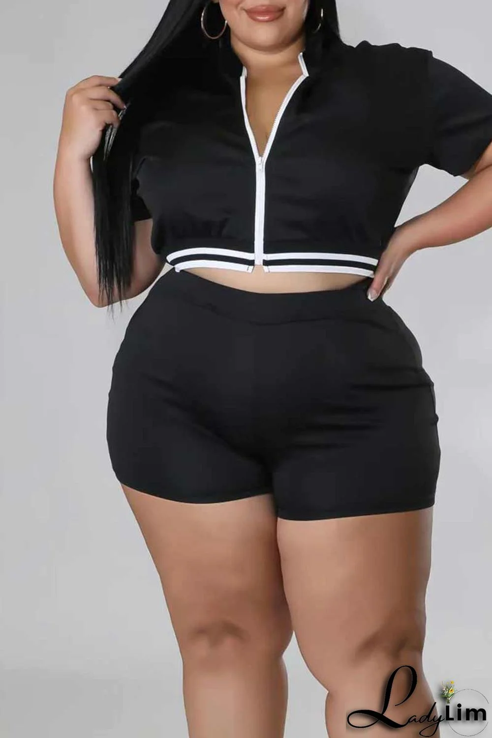 Black Casual Solid Patchwork Zipper Plus Size Two Pieces