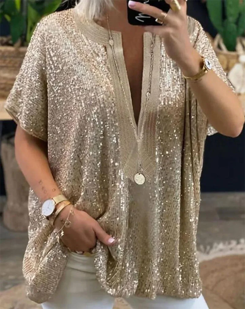 Brownm Sequins V-neck Sleeve Sequin Deep Blouses