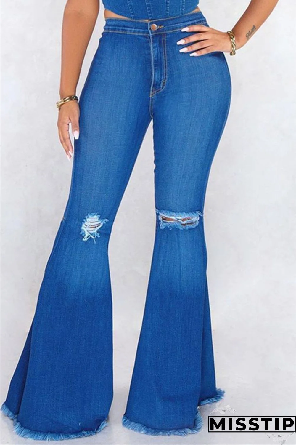 Color blue Sexy Solid Ripped High Waist Boot Cut Denim