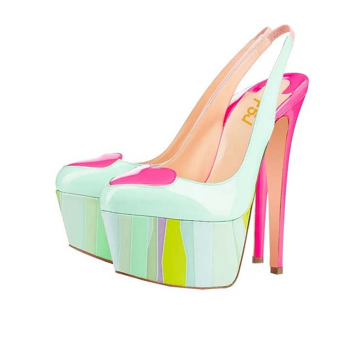 Pink and Green Slingback Pumps Pink Heart Platform Sandal High Heel Shoes |FSJ Shoes