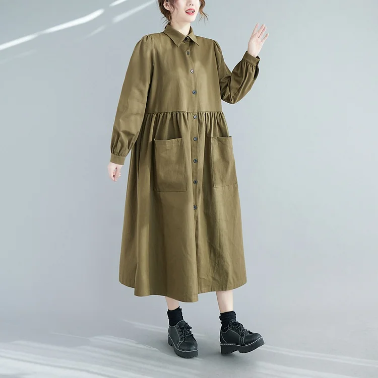 Loose Solid Color Lapel Midi Dress - yankia