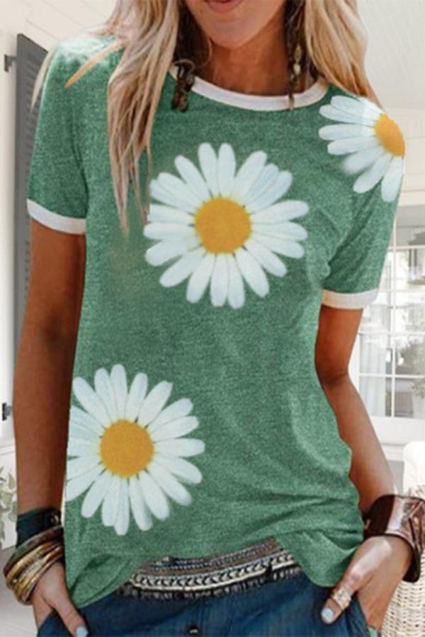Stylish Flower Printed Round Neck T-shirt (5 Colors) P15659