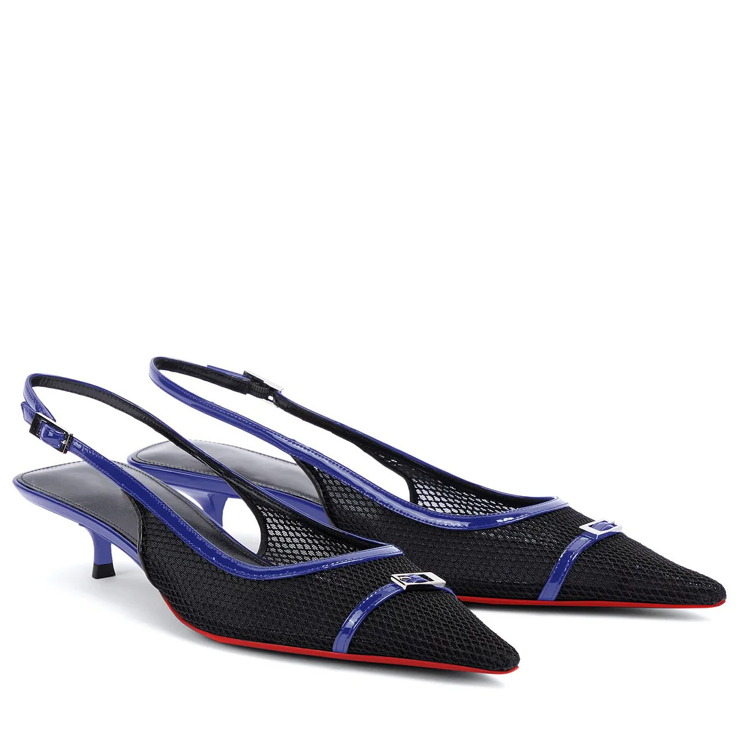 2.36" Women's Pointed Toe Red Bottom Sandals Slingback Shoes Kitten Heel Pumps Mesh Summer Shoes-MERUMOTE