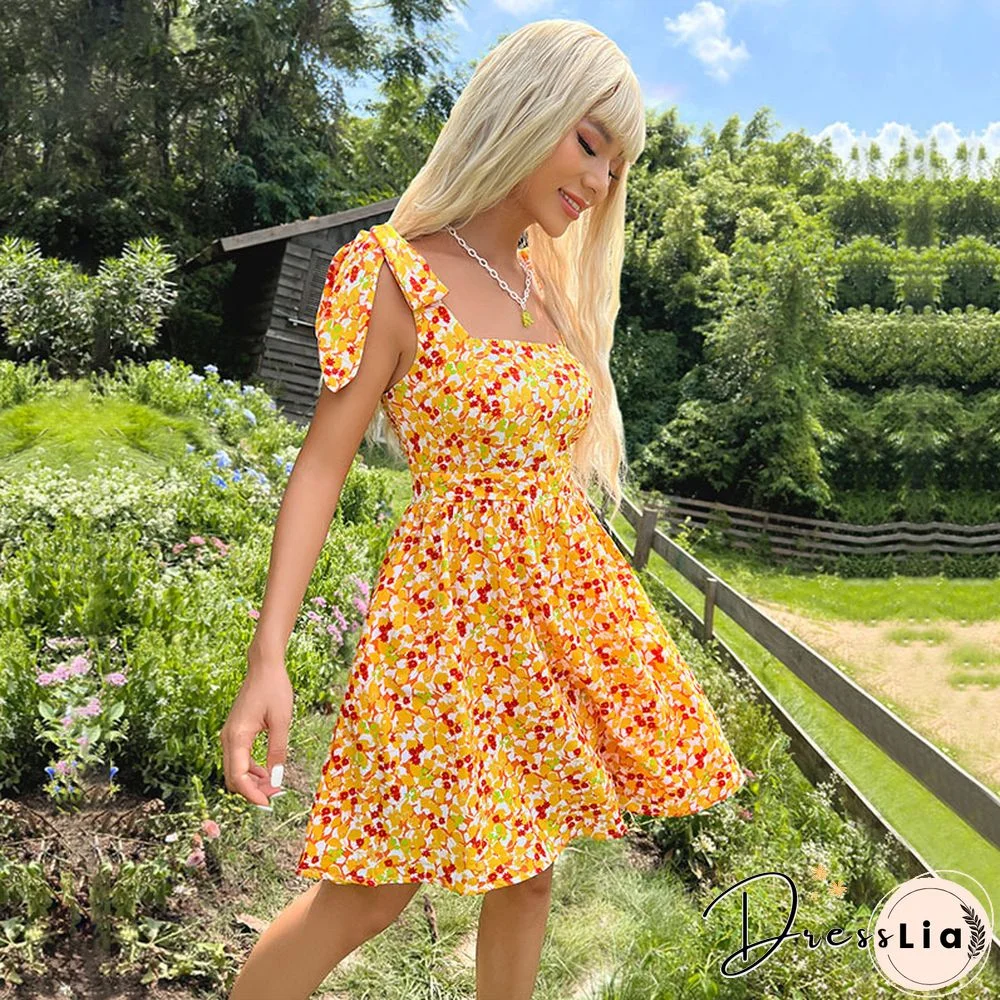 Elegant Floral Print Dress For Summer Dresses New Sexy Backless Lace-up Square Neck High Waist A-line Mini Dresses
