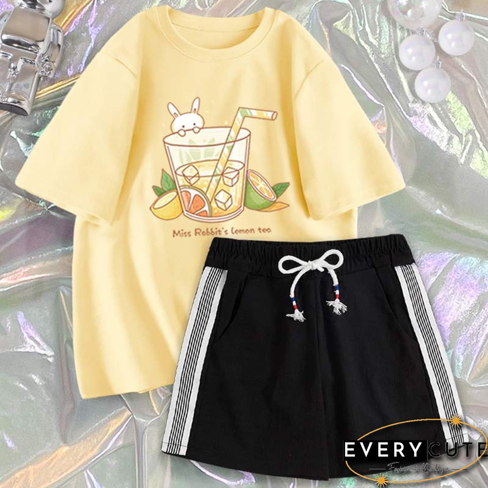 Cartoon Print Casual T-Shirt Shorts Set