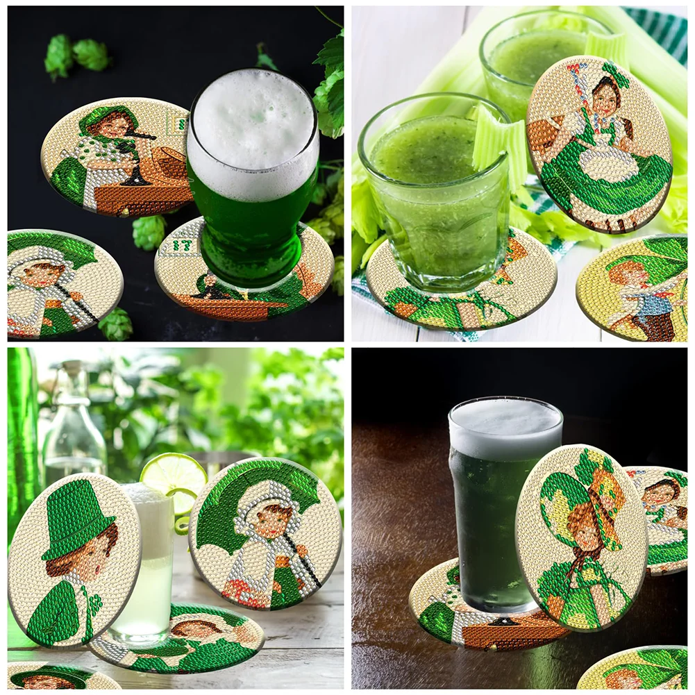 8pcs DIY Saint Patricks Day Wooden Diamond Painting Art Coaster Kit with Holder for Adults Kids