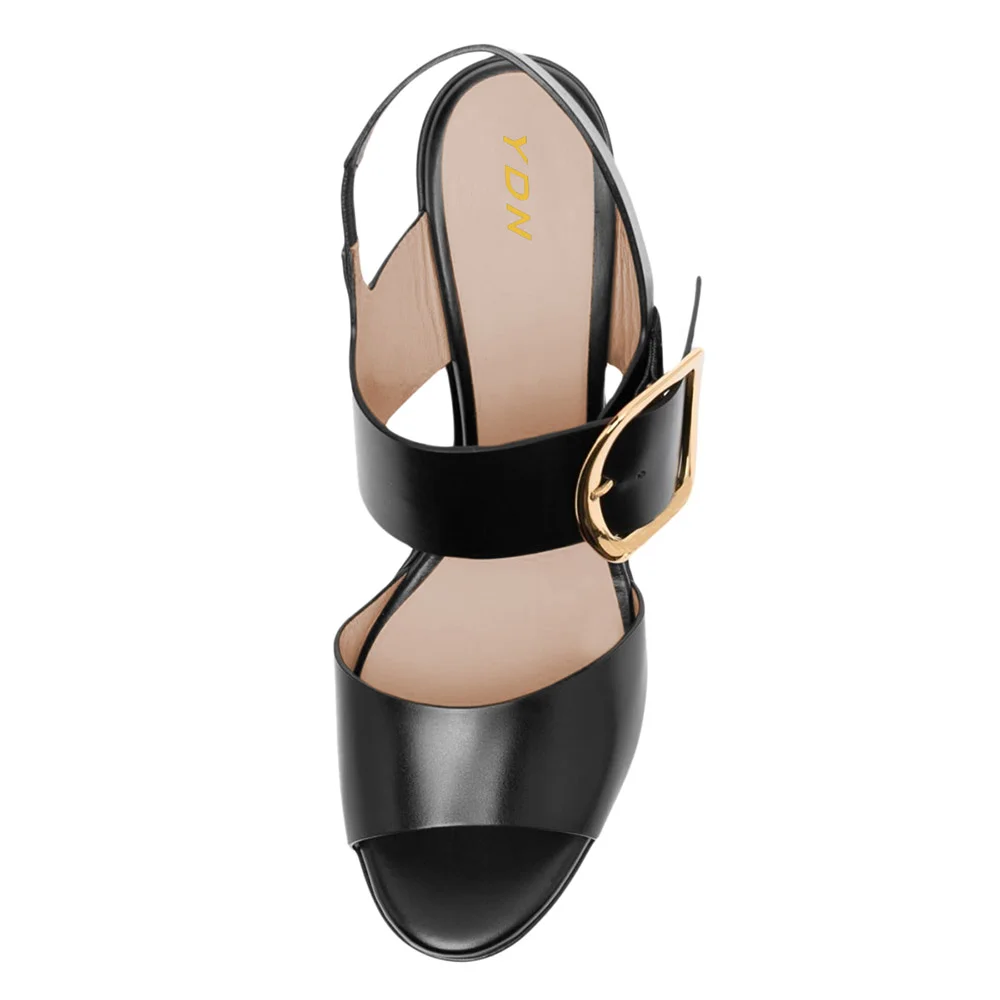 Round Toe Buckle Ankle Strappy Black Wedge Sandals with Platform