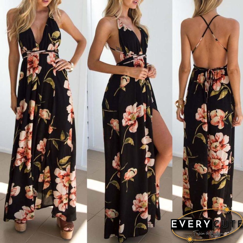 Summer Dress Women Floral Vestidos Mujeres Sexy Maxi Long Pleated Backless Robe Femme