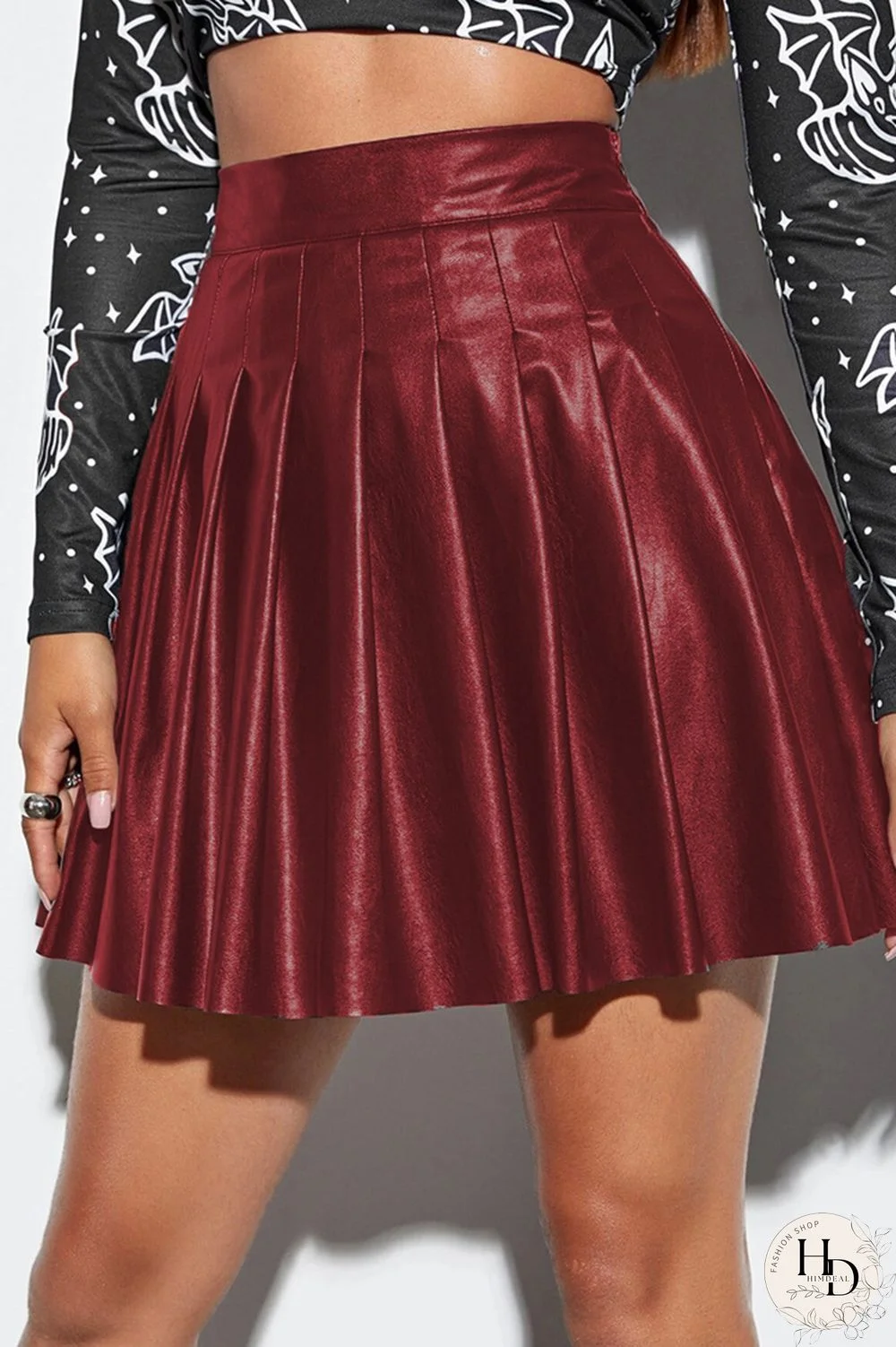 Burgundy Fashion Casual Solid Regular High Waist Pleated Skirt