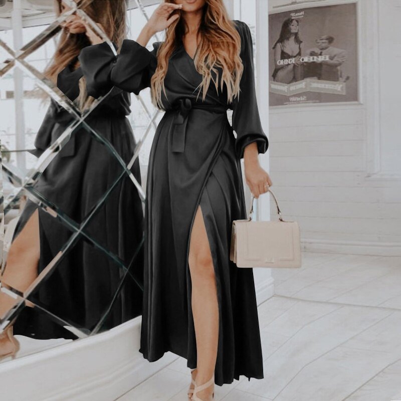 Celmia 2022 Fashion Casual Long Vestidos Satin Wrap V-neck Long Puff Sleeve Maxi Dresses Women Elegant Pleated Split Party Robes