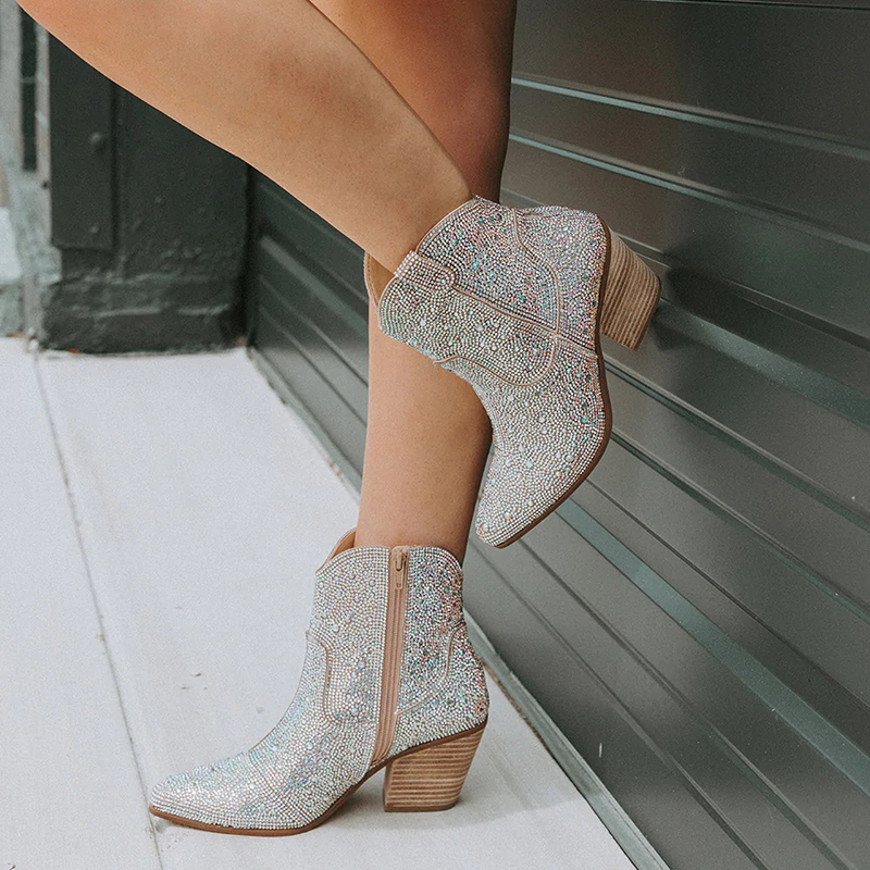 Khaki Sparkly Booties Chunky Heel Rhinestone Western Boots for Women