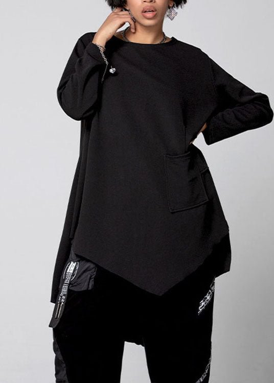Plus Size Black Asymmetrical Pockets Cotton Shirt Spring CK2924- Fabulory