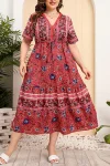 Plus Size Boho Ditsy Floral Print V Neck Tunic Midi Dress