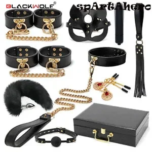 pornhint Pornhint Black Genuine Leather Restraint Kits Set Handcuffs Collar Gag For Women Couples