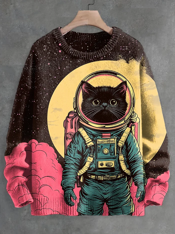 Men's Retro Moon Black Cat Astronaut Print Knit Sweatshirt