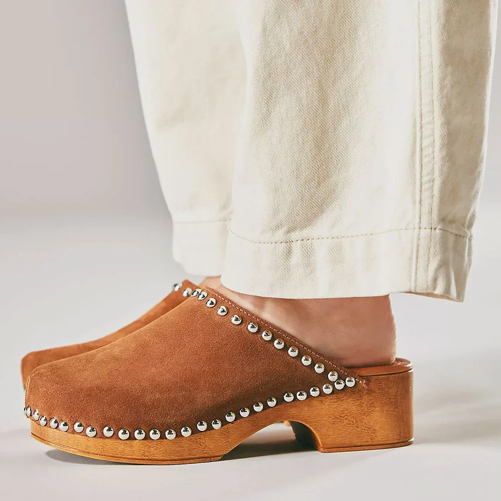 Brown Vegan Suede Round Toe Platform Heeled Mules with Studded