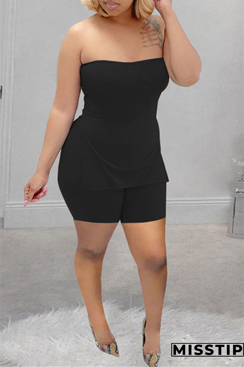 Coral Powder Sexy Casual Solid Backless Slit Strapless Sleeveless Two Pieces