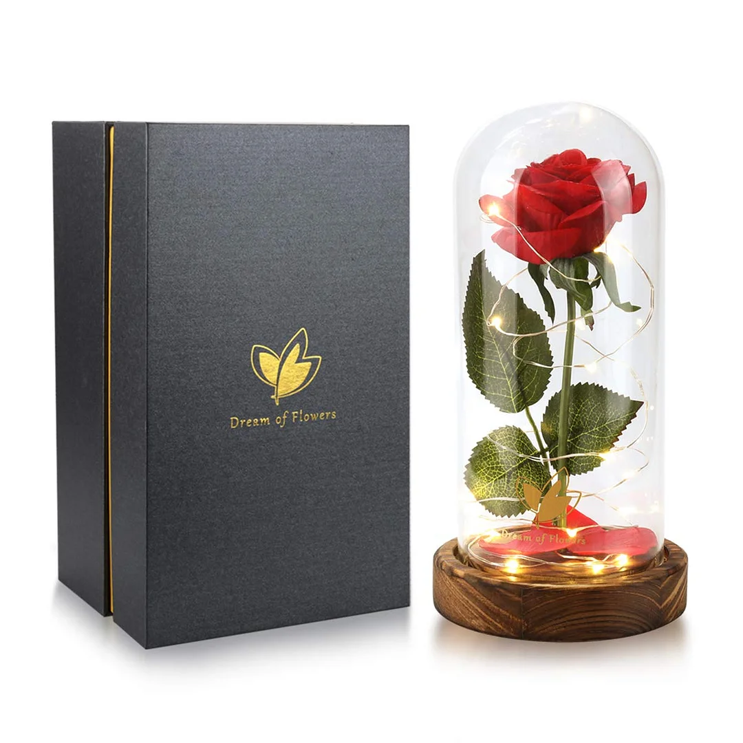 Romantic Rose for Women, The Newly Designed Gift Box Rose in a Glass Dome with LED Light Wooden Base for Wedding