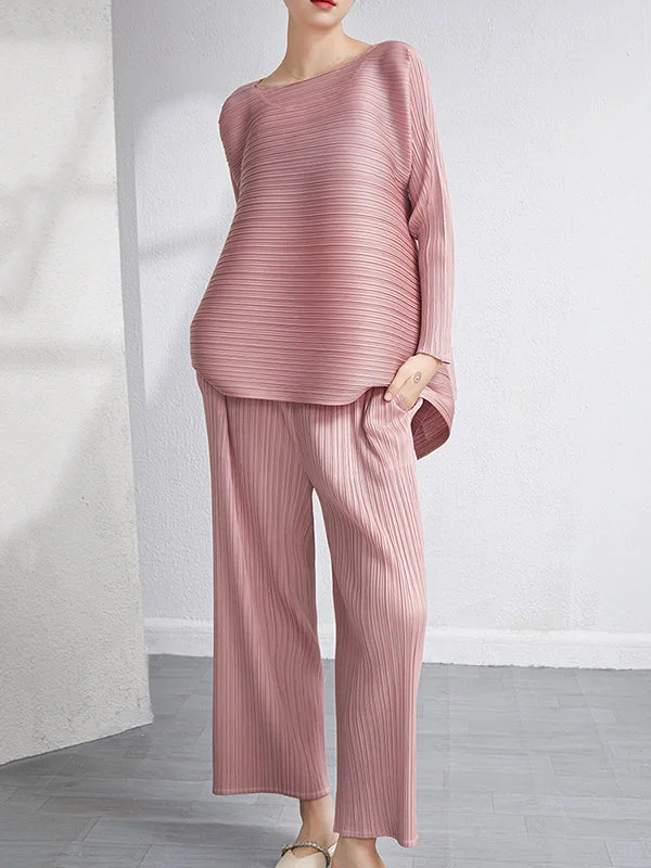 Loose Pleated Solid Color High-Low Round-Neck T-Shirts  + Pants Two Pieces Set