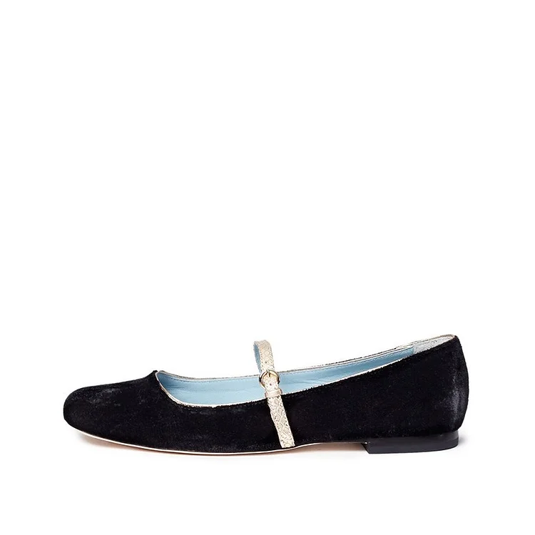 Black Velvet Square Toe Mary Jane Flats |FSJ Shoes