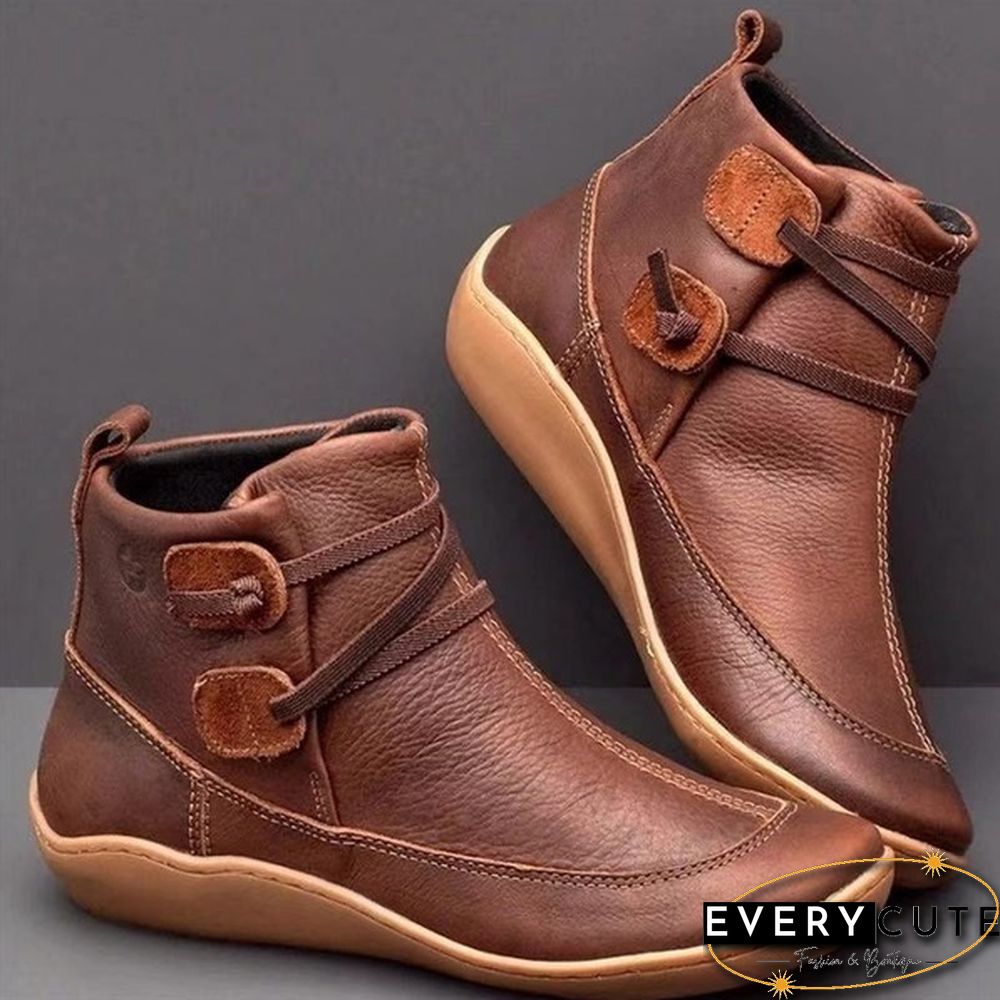 New Fashion Womens Medieval Vintage Leather Boots Braided Strap Flat Heel All Season