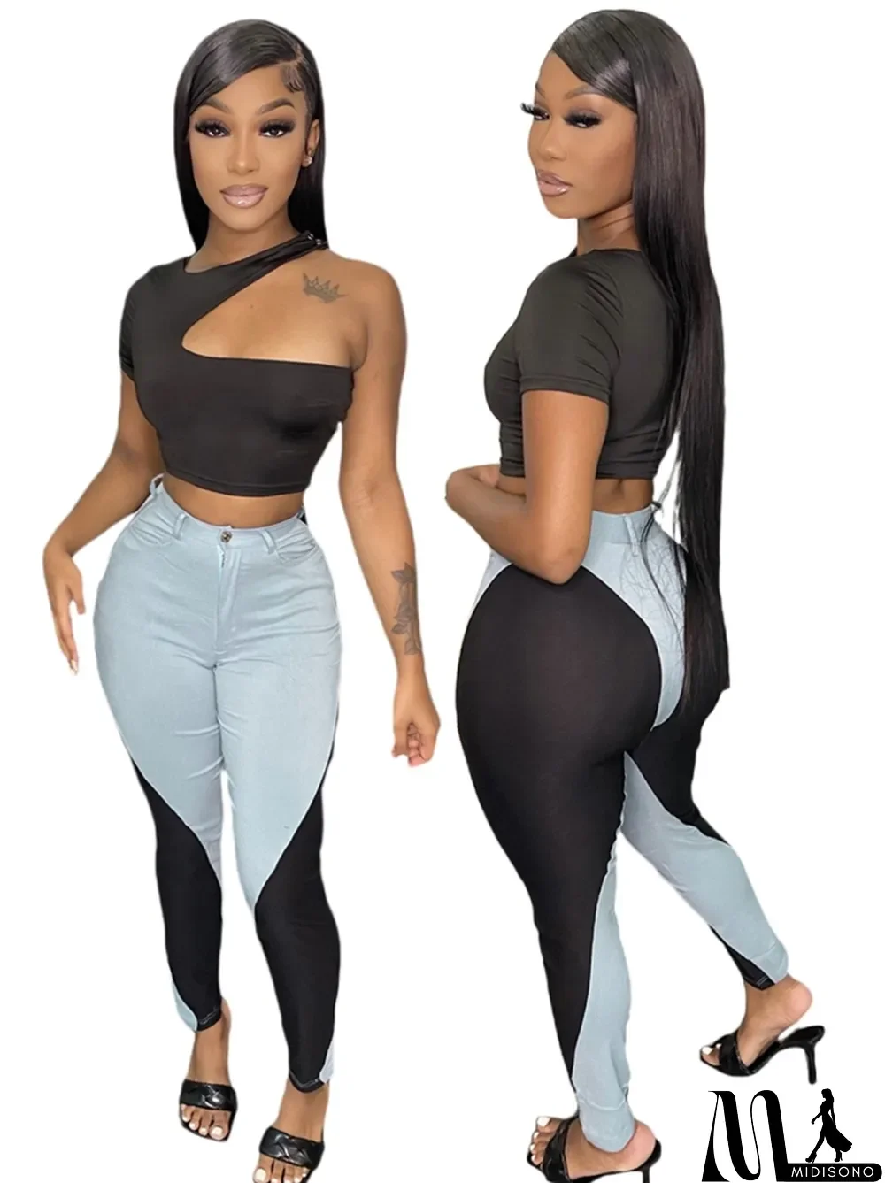 MidiSono - Summer Sexy Black Cut Out Short Sleeve Top And Pant Wholesale 2 Piece Outfits