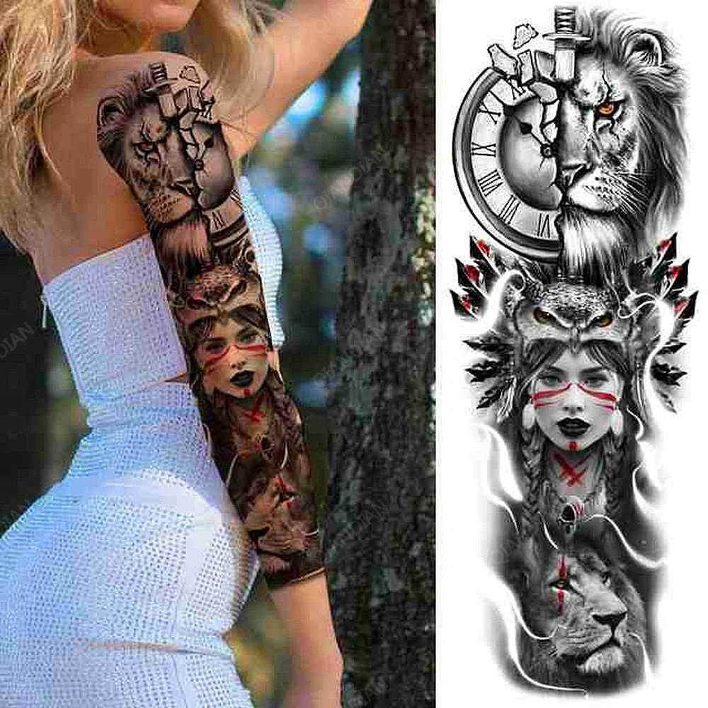 Large Arm Sleeve Tattoo Rose Lion Wolf Waterproof Temporary Tatto Sticker Flower Clock Waist Leg Body Art Full Fake Tatoo Women