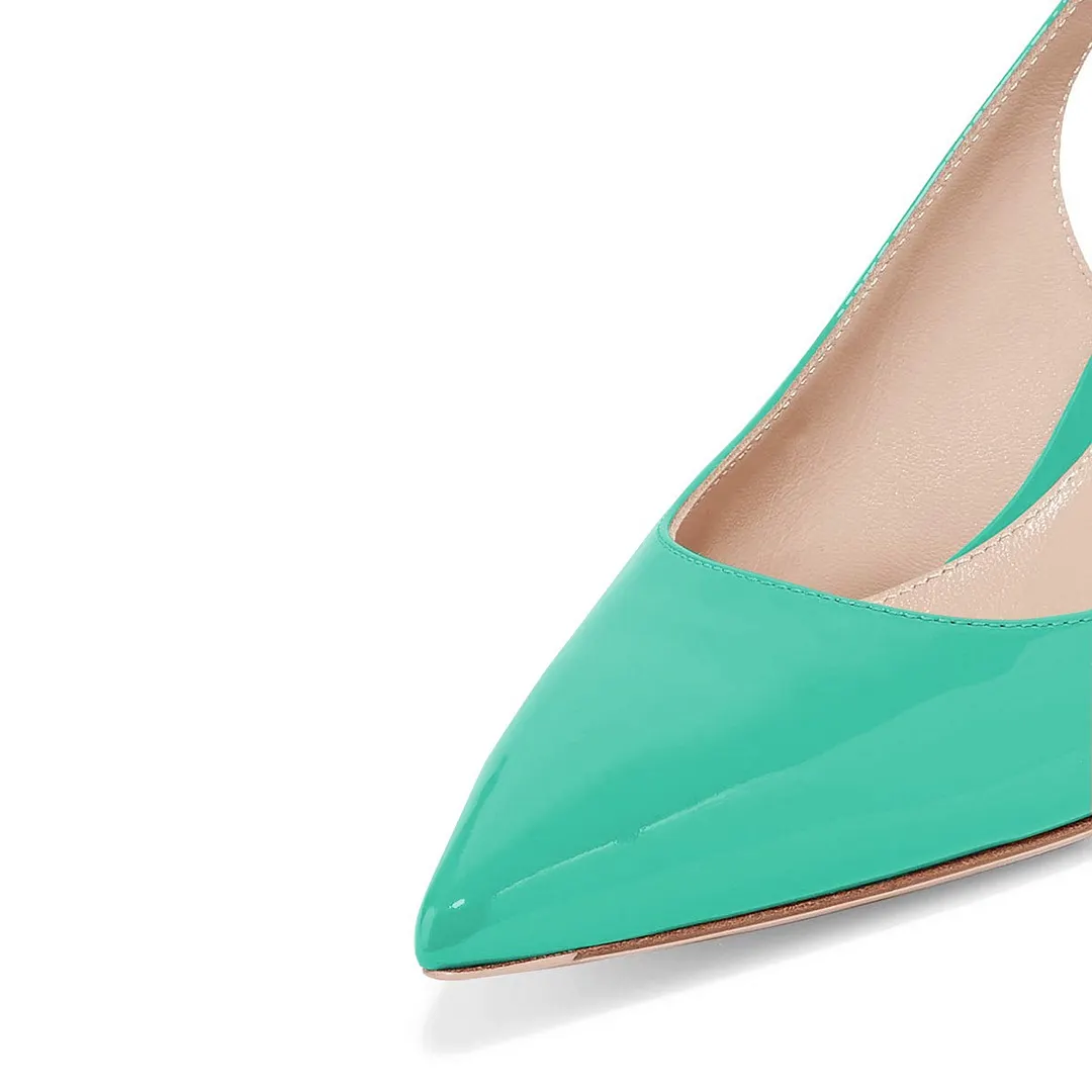 Patent Leather Kitten Heel Slingback Buckle Pumps Shoes in Turquoise