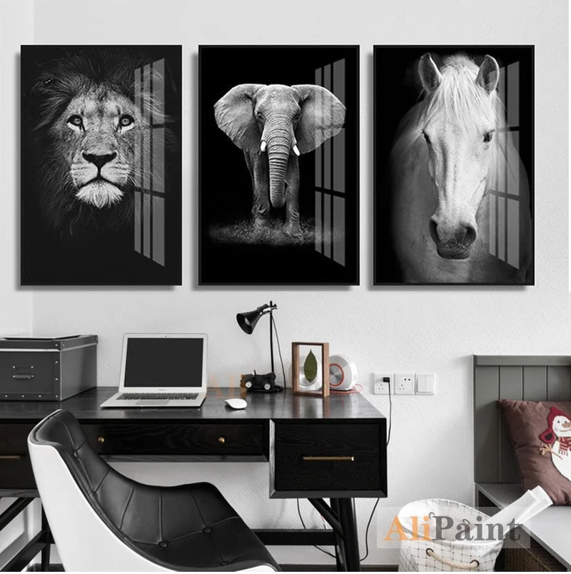 Canvas Painting Animal Wall Art Lion Elephant Deer Zebra Posters and Prints Wall Pictures for Living Room Decoration Home Decor