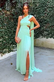 One Shoulder Sash Cutout Slit Ruched Gowns Maxi Dresses-MintGreen