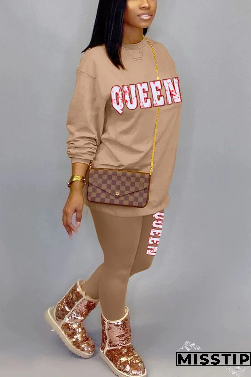 Khaki Casual Print O Neck Long Sleeve Two Pieces